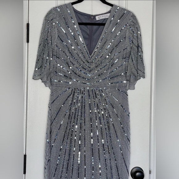 NWT Mac Duggal 93583 Beaded Cape Sleeve Column Gown Slate Blue Sz 8 $698 - Picture 15 of 16